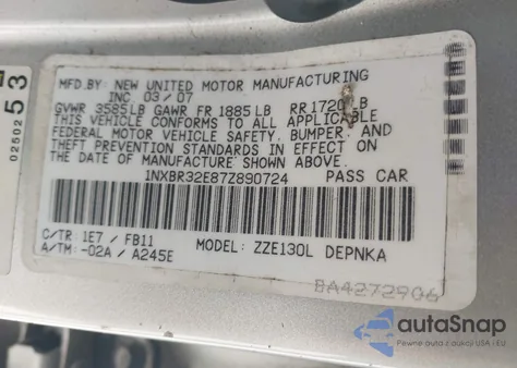 2007 Toyota Corolla Le from USA, damaged, VIN 1NXBR32E87Z890724